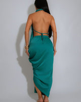 Riviera Glow Beaded Drape Halter Midi Dress – Teal - Palazzo Couture Online