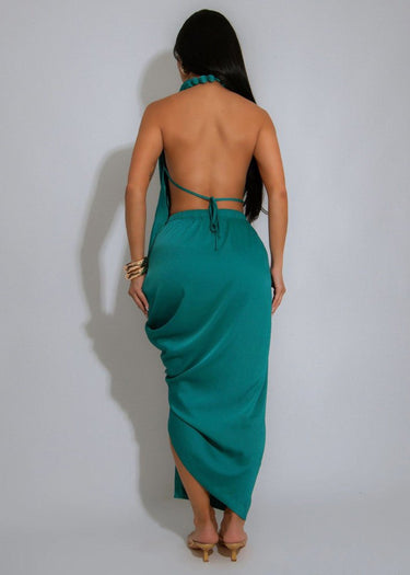 Riviera Glow Beaded Drape Halter Midi Dress – Teal - Palazzo Couture Online