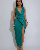 Riviera Glow Beaded Drape Halter Midi Dress – Teal - Palazzo Couture Online