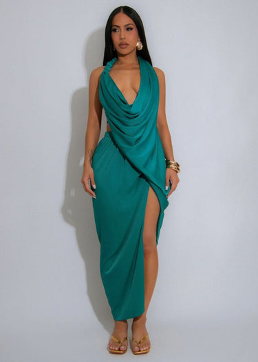 Riviera Glow Beaded Drape Halter Midi Dress – Teal - Palazzo Couture Online