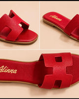 Moonlight Chic Silver Slide Sandals with Metallic H Cut-Out