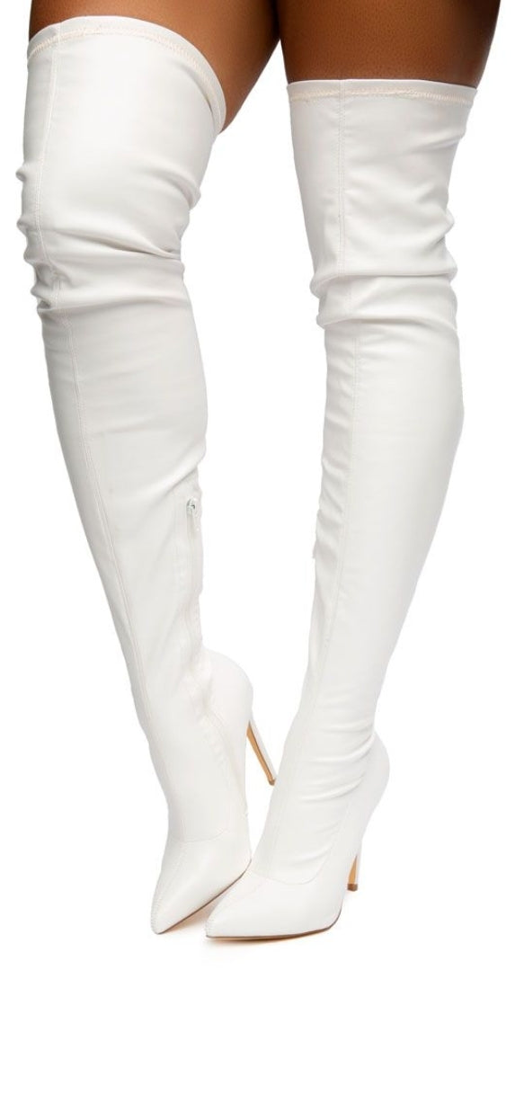 Pu Leather Gisele Pointed Toe Over The Knee Boots (White)