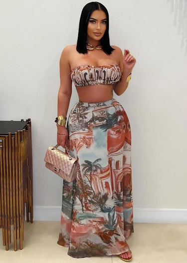 Roman Muse Scenic Skirt Set - Brown - Palazzo Couture Online