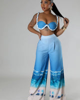 Romantic Getaway Pant Set - Blue close up of matching top design and fabric detail
