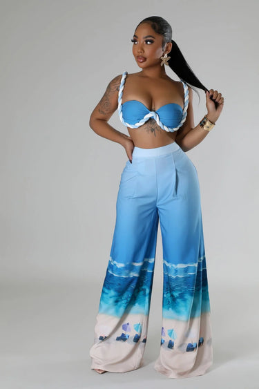 Romantic Getaway Pant Set - Blue close up of matching top design and fabric detail