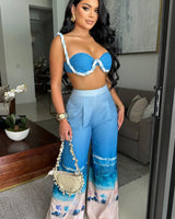 Romantic Getaway Pant Set - Blue full body look paired with heels and accessories
