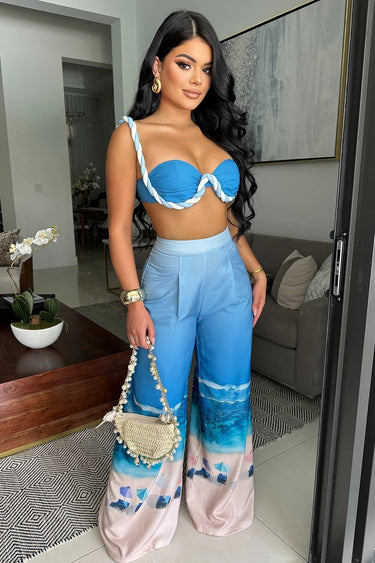 Romantic Getaway Pant Set - Blue full body look paired with heels and accessories