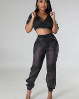 Rosaley Sheer Pant Set (Black) – Cropped Hoodie & High-Waist Pants front view showing complete two piece pant set