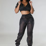 Rosaley Sheer Pant Set (Black) – Cropped Hoodie & High-Waist Pants front view showing complete two piece pant set