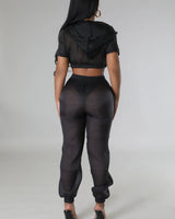 Rosaley Sheer Pant Set (Black) – Cropped Hoodie & High-Waist Pants side view showing pants silhouette and fit