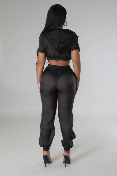 Rosaley Sheer Pant Set (Black) – Cropped Hoodie & High-Waist Pants side view showing pants silhouette and fit