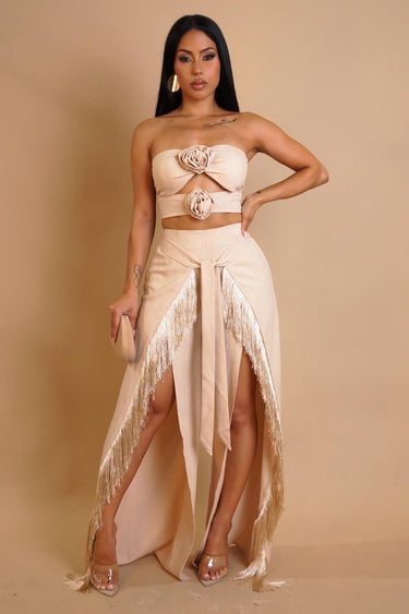 Rose Fringe Cut - Out Pant Set - Natural - Palazzo Couture Online