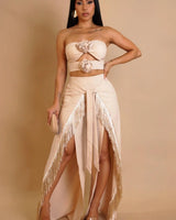Rose Fringe Cut-Out Pant Set - Natural front view showing complete two piece pant set