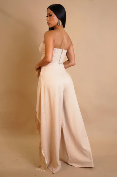 Rose Fringe Cut-Out Pant Set - Natural close up of matching top design and fabric detail