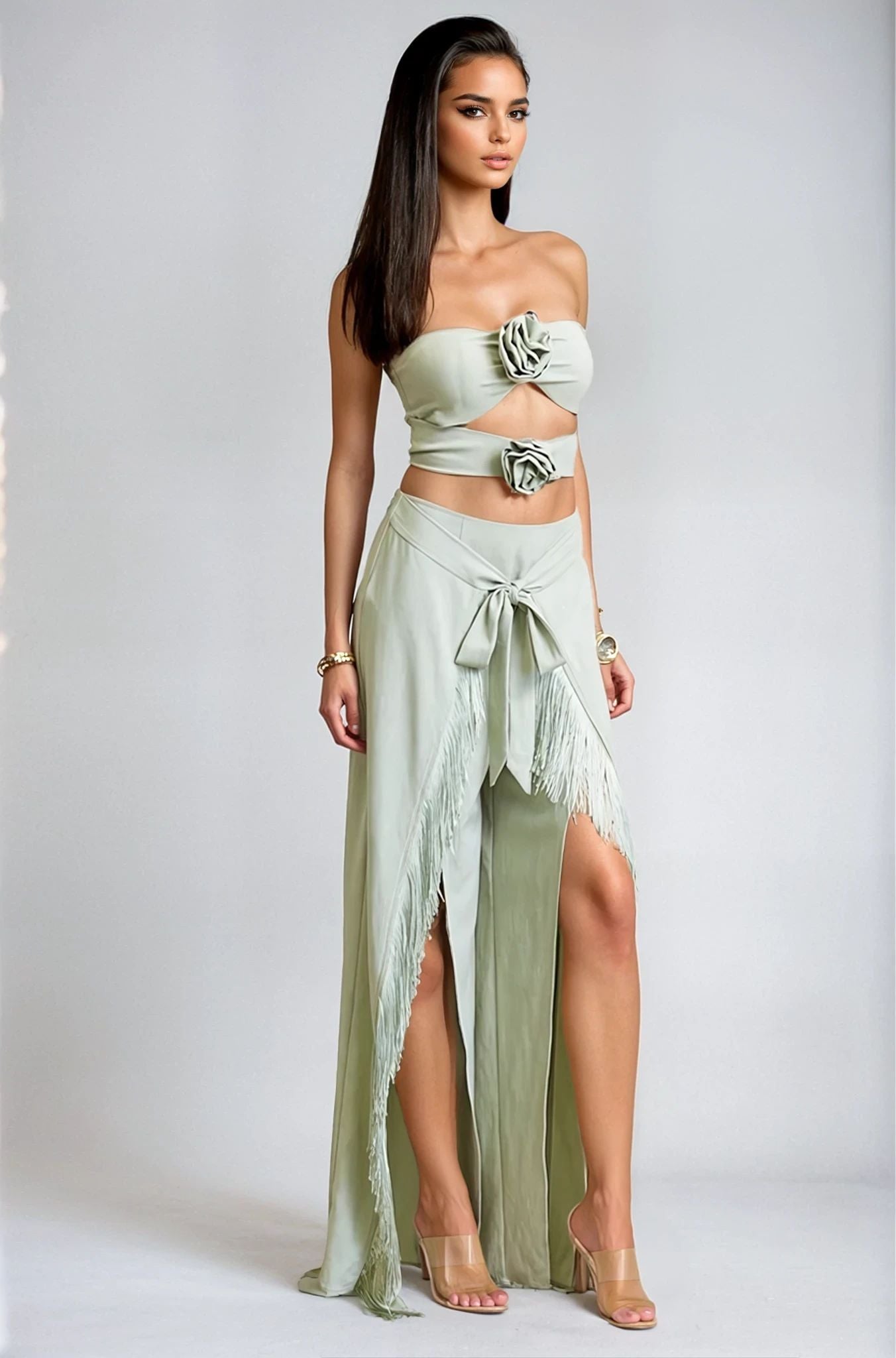 Rose Fringe Cut - Out Pant Set - Sage - Palazzo Couture Online