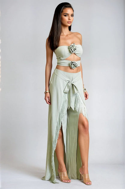Rose Fringe Cut - Out Pant Set - Sage - Palazzo Couture Online
