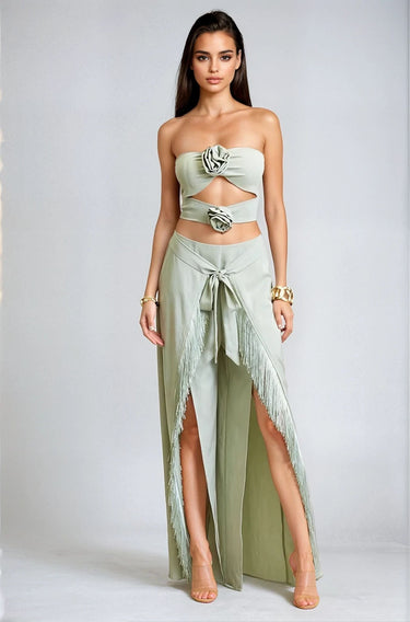 Rose Fringe Cut - Out Pant Set - Sage - Palazzo Couture Online