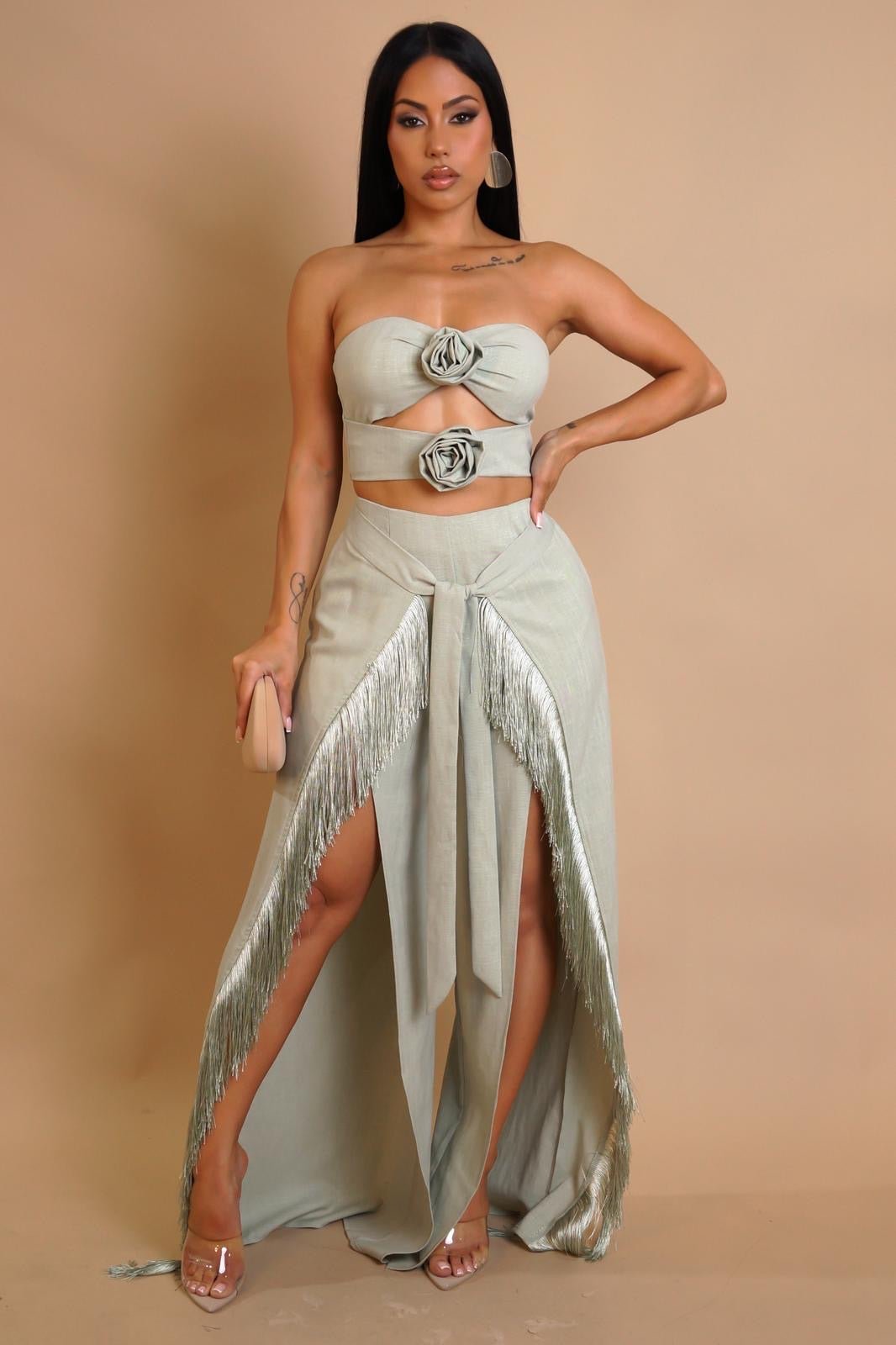 Rose Fringe Cut - Out Pant Set - Sage - Palazzo Couture Online