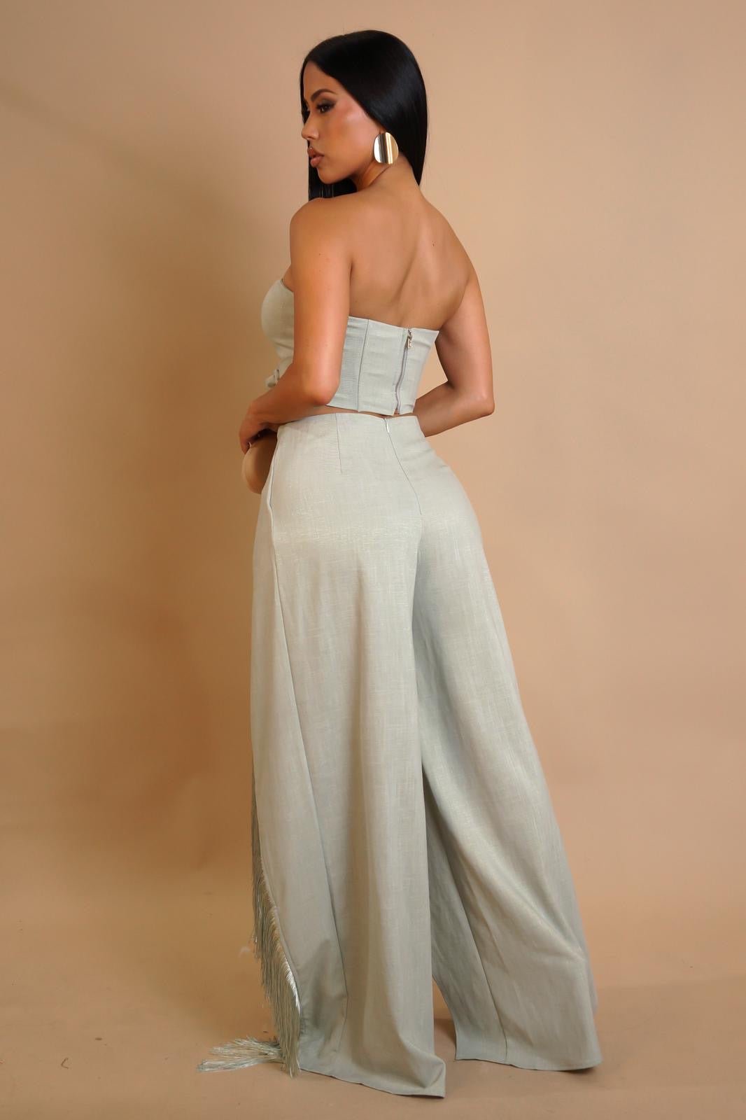 Rose Fringe Cut - Out Pant Set - Sage - Palazzo Couture Online