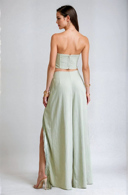 Rose Fringe Cut - Out Pant Set - Sage - Palazzo Couture Online