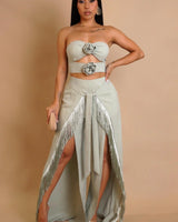 Rose Fringe Cut-Out Pant Set - Sage front view showing complete two piece pant set