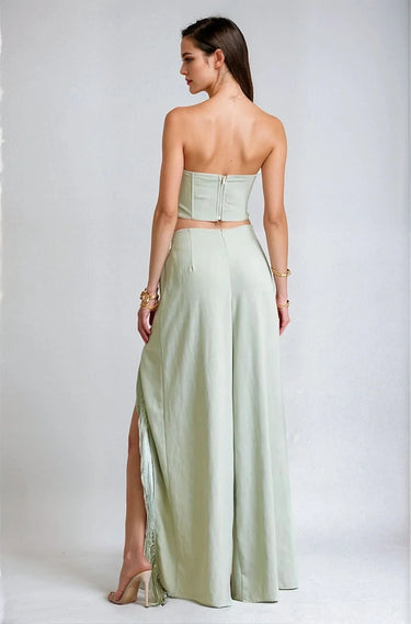 Rose Fringe Cut-Out Pant Set - Sage side view showing pants silhouette and fit