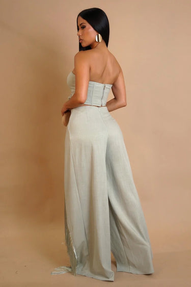 Rose Fringe Cut-Out Pant Set - Sage close up of matching top design and fabric detail
