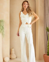 Rosette Charm Pant Set - White close up of matching top design and fabric detail