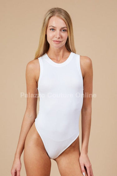 Round Neckline Sleeveless Fitted Bodysuit (White) - Palazzo Couture Online