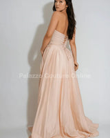 Royal Elegance Corset Maxi Dress Almond Milk close up detail of corset design and fabric