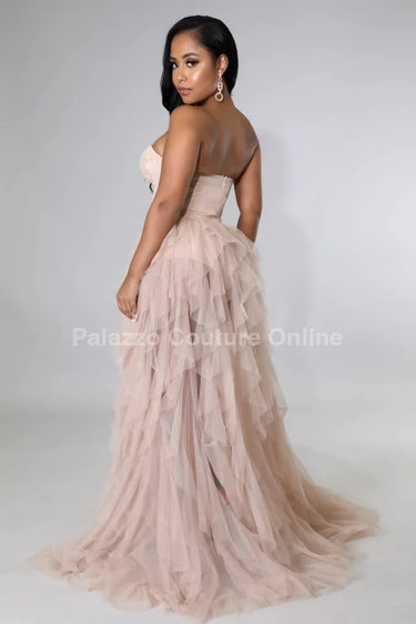 Royal Queen Nude Maxi Dress with Corset Lace Detail close up detail of corset design and fabric