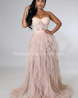 Royal Queen Nude Maxi Dress with Corset Lace Detail front view showing full-length maxi silhouette