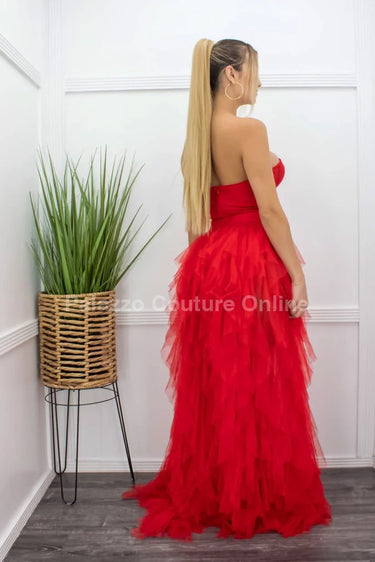 Women's Red maxi dress tulle style back view