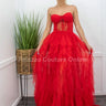 Royal Queen Red Maxi Dress – Elegant Lace & Tulle Gown close up detail of tulle design and fabric