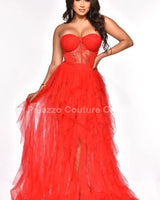 Royal Queen Red Maxi Dress – Elegant Lace & Tulle Gown front view showing full-length maxi silhouette
