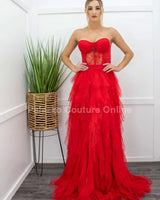 Royal Queen Red Maxi Dress – Elegant Lace & Tulle Gown side view highlighting floor-length hemline