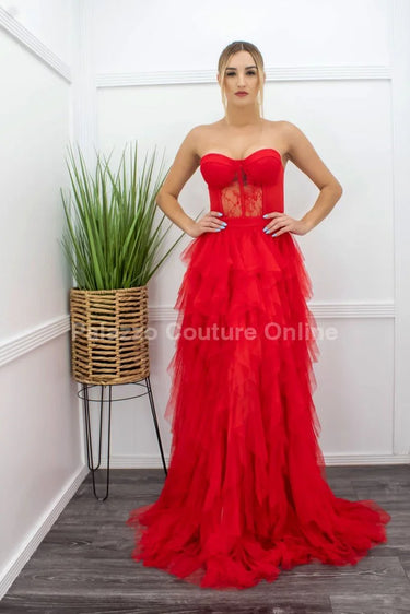Royal Queen Red Maxi Dress – Elegant Lace & Tulle Gown side view highlighting floor-length hemline
