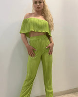Summer Breeze Green Pant Set – Pleated Off-Shoulder Two-Piece - front view