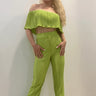 Summer Breeze Green Pant Set – Pleated Off-Shoulder Two-Piece - front view
