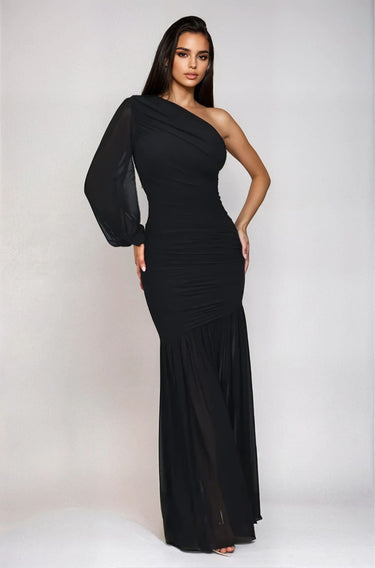 Ruched Chiffon Maxi Dress - Black - Palazzo Couture Online