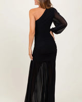 Ruched Chiffon Maxi Dress -  Black close up detail of chiffon design and fabric