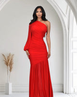 Ruched Chiffon Maxi Dress - Red - Palazzo Couture Online