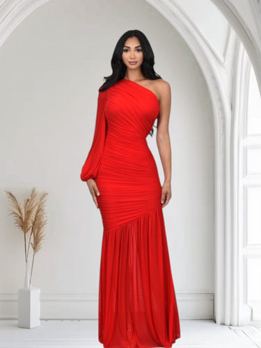 Ruched Chiffon Maxi Dress - Red - Palazzo Couture Online