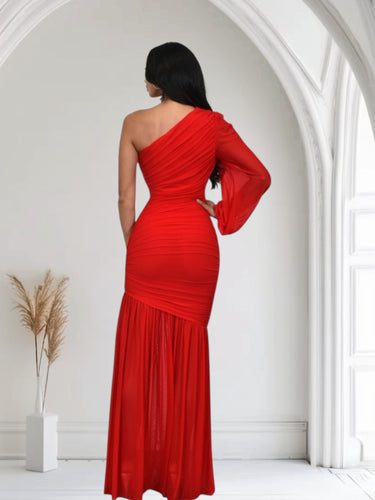 Ruched Chiffon Maxi Dress - Red - Palazzo Couture Online