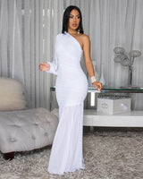 Ruched Chiffon Maxi Dress - White - Palazzo Couture Online