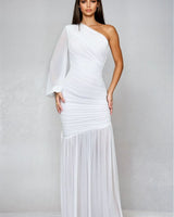 Ruched Chiffon Maxi Dress - White - Palazzo Couture Online