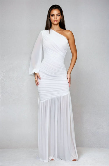 Ruched Chiffon Maxi Dress - White - Palazzo Couture Online