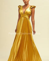 Ruffle Pleated Maxi Dress (Gold) - Palazzo Couture Online