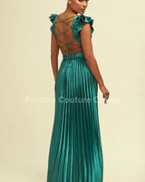 Ruffle Pleated Maxi Dress (Hunter Green) close up detail of pleated design and fabric