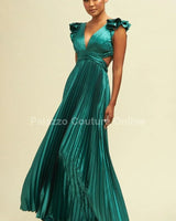 Ruffle Pleated Maxi Dress (Hunter Green) front view showing full-length maxi silhouette